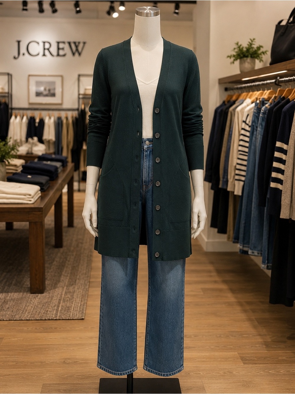 J.Crew 100% Merino Wool Long Cardigan Sweater XS Forest Green Button Pockets